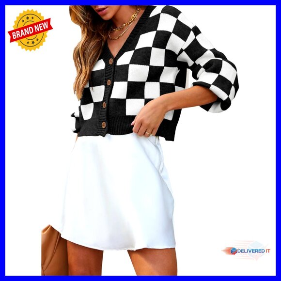 Checkered Cable Knit Cropped Cardigan V Neck Button Down Long Sleeve Sweater